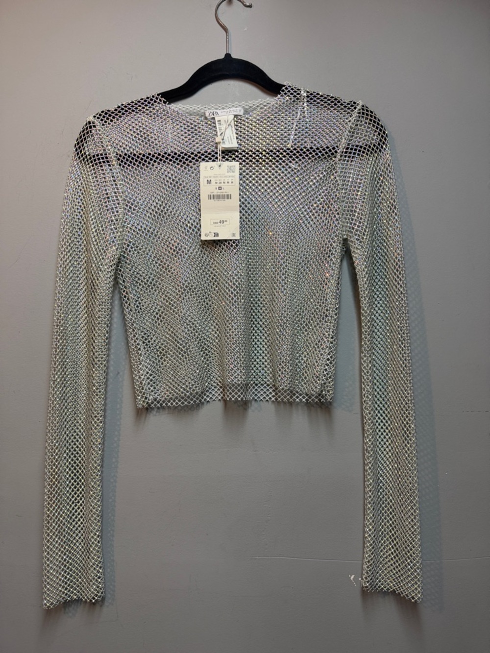 Zara Iridescent sparkling Silver Mesh Long-Sleeve - Crop size M